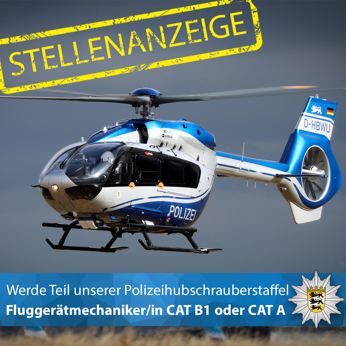 #Stellenanzeige Die Polizeihubschrauberstaffel Baden-Württemberg sucht ab dem 1. September einen/eine Fluggerätmechaniker/in CAT B1 oder CAT A (w/m/d).

Alle Infos ▶️ t1p.de/4qea9

Euer #LKABW #BereitfürSicherheit