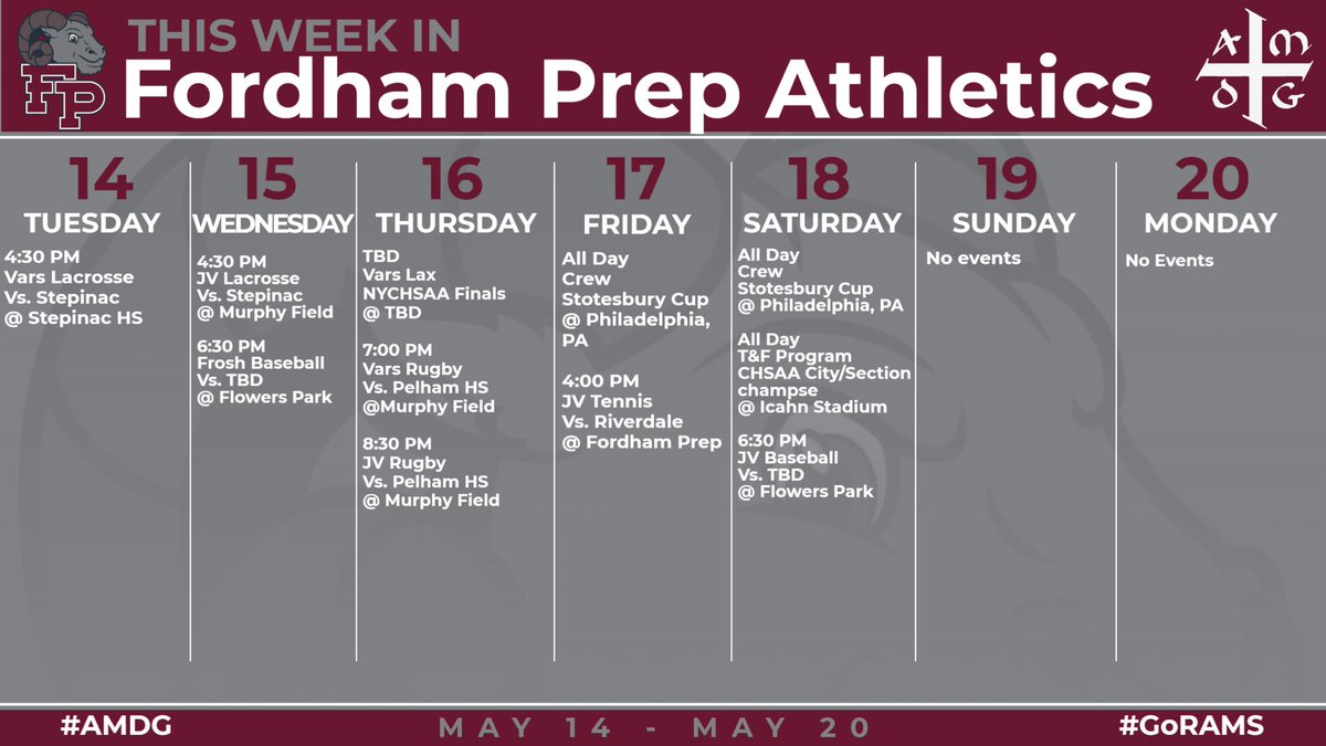 This week in @fordhamprep Athletics! Go Rams! 🐏🥍🎾🏌️🏉⚾️🚣🏃 #AMDG #GoRams #HomeOfChampions