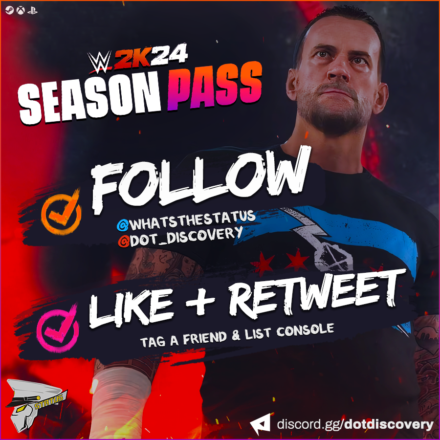 NEW! Collaboration Giveaway for 1 #WWE2K24 Season Pass Code    

★ Heres how to participate!   

● RT & Like This Tweet  
● Follow @WhatsTheStatus
● Follow @dot_discovery 

● Tag a friend in the replies & the console of your choosing for an extra entry!    

★ Winner will…