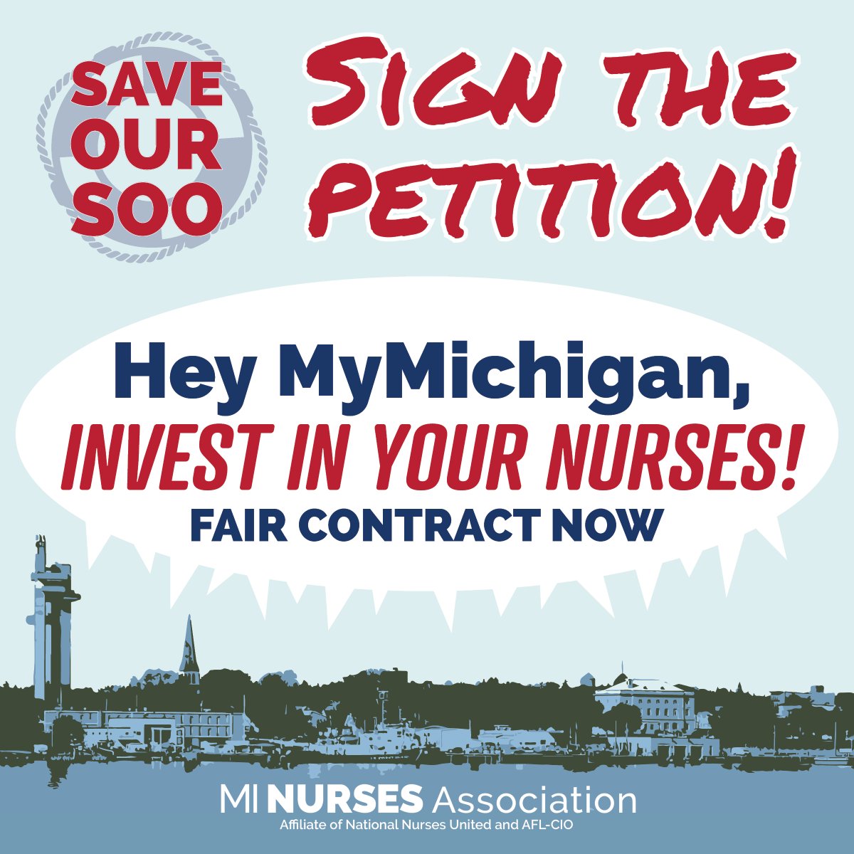 Sault Ste. Marie @mymichhealth #nurses want to provide the best care possible to their community. They need your help in their fight for a fair contract! Sign the petition at saveoursoo.com #safestaffingsaveslives #patientsoverprofits #unionstrong