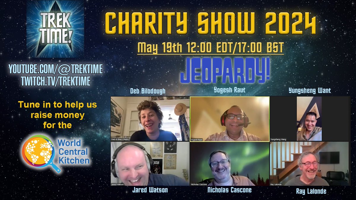 Don't forget May 19th, our 2024 Charity Show raising money for @WCKitchen! We've got some amazing guests in the form of Jeopardy Champions! 6 amazing contestants join us to talk about their love of Trek and their tips and experience being quiz show guru's! #StarTrek #Jeopardy