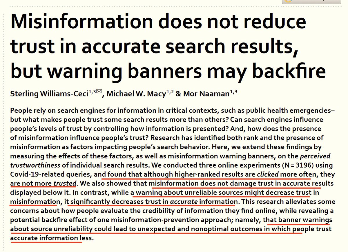 Misinformation does not reduce trust in accurate search results, but warning banners may backfire nature.com/articles/s4159… by @informor et al. cc @Sander_vdLinden '...while a warning about unreliable sources might decrease trust in #misinformation, it significantly decreases