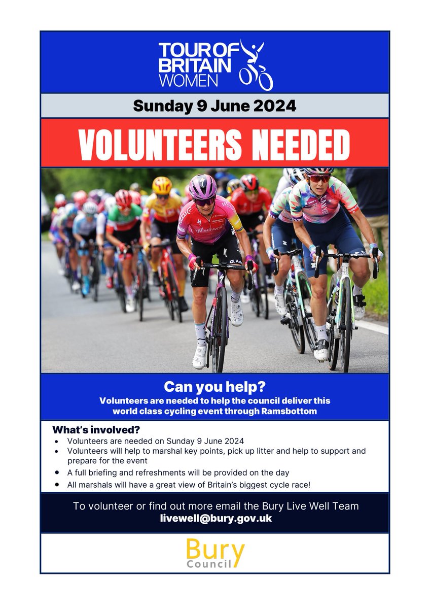Looking for volunteers! Help out at the event 'Women’s Tour of Britain' on Sun June 9 in Ramsbottom🚲 The role will involve marshalling key points📍 assisting litter collection 🚮and supporting event preparation✨ Check out the attached poster for full details
