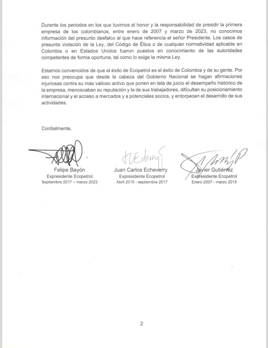 Expresidentes de Ecopetrol enviaron una carta al presidente Gustavo Petro rechazando sus afirmaciones sobre desfalcos en la petrolera y recursos destinados “para financiar personas, paramilitares y la política”.