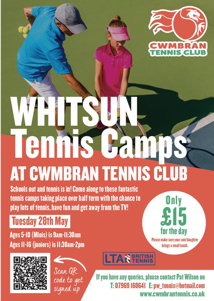 Check out our latest Tennis Camps for this Whitsun! Get your young ones active and into a great sport at a great location! Full details in the advert. @cwmbrantennis 
 #TennisCamps #Whitsun #YouthTennis #JuniorSports #ActiveKids #TennisFun #CwmbranTennis