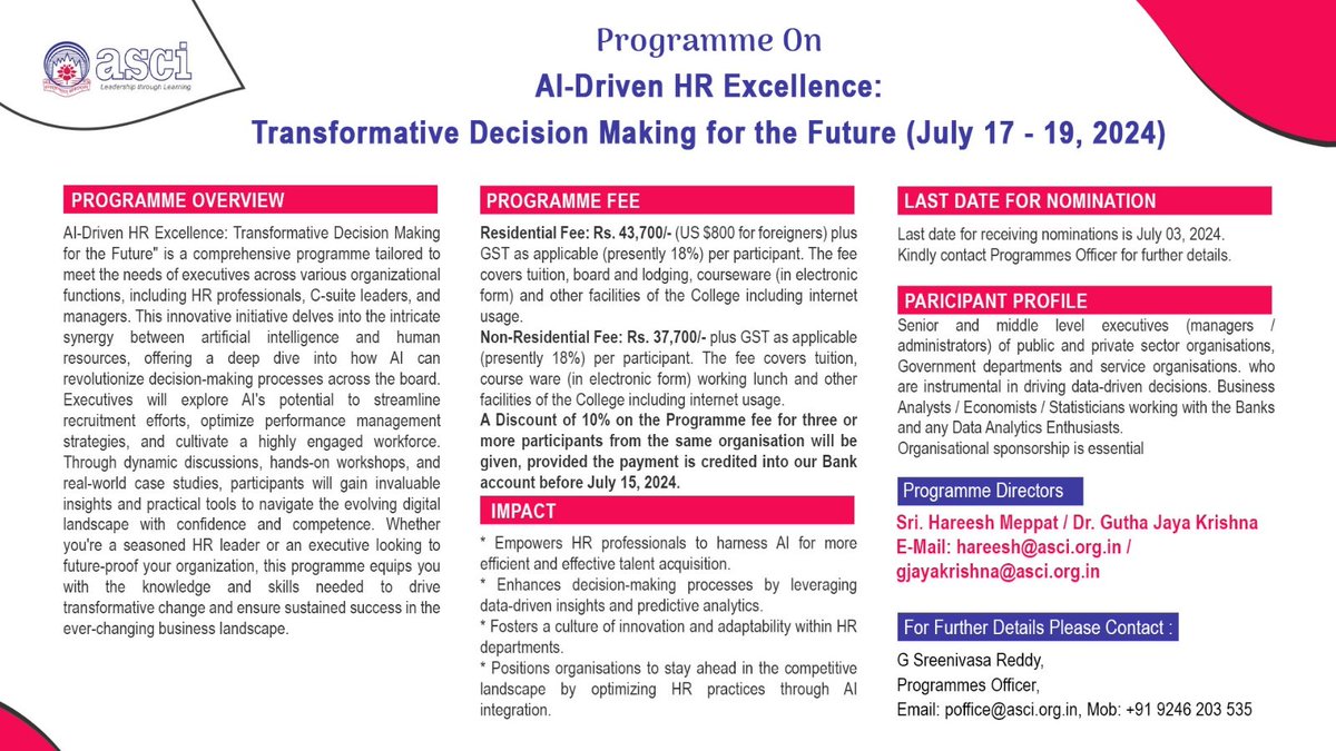 🎉 Join the groundbreaking program by the Administrative Staff College of India: 'AI-driven HR Excellence: Transformative Decision Making for the Future'. Discover how AI is reshaping HR practices, optimizing decision-making processes, and revolutionizing talent management.