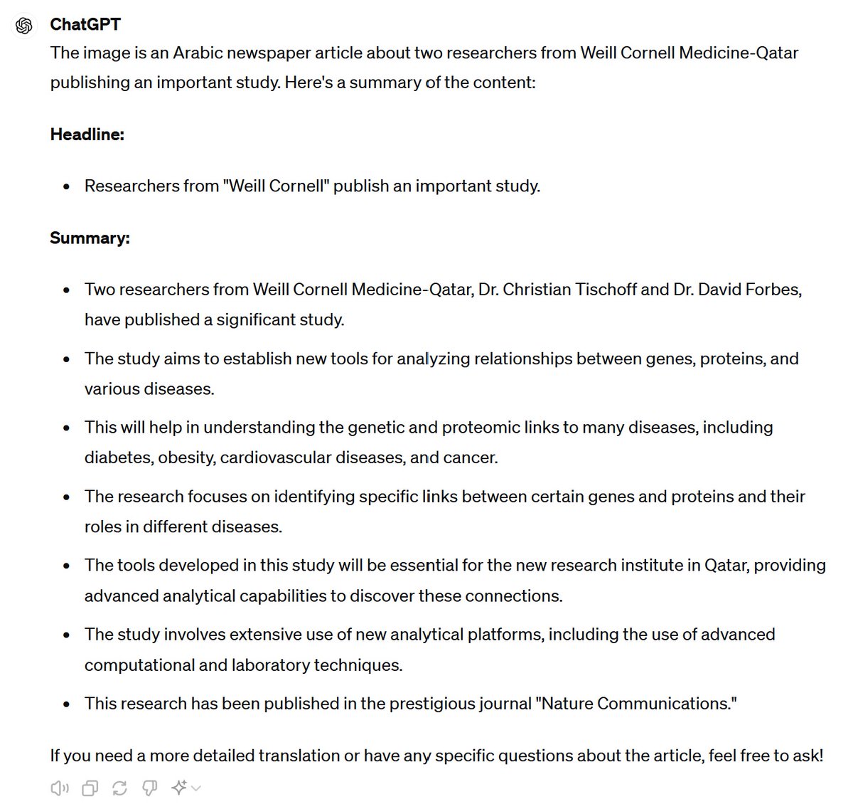 @WCMQatar public relations are great at spreading the word about our research to the Arab world ... non-native speakers can use @OpenAI ChatGPT4o to learn what we work on, but you can of course also read our paper with @s_batzoglou @seer_bio right here: nature.com/articles/s4146…