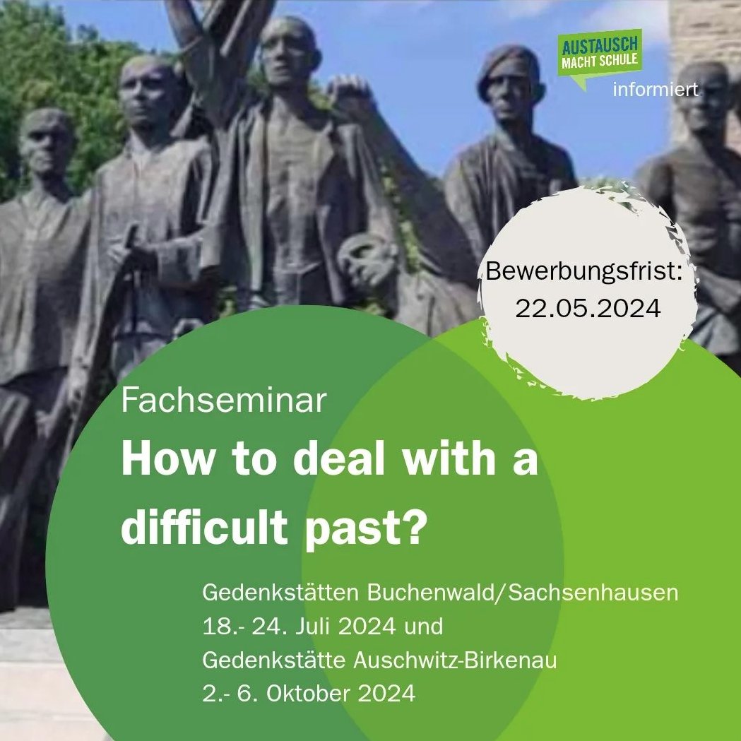 Das #Fachseminar für Lehrkräfte vermittelt pädagogische Perspektiven auf NS, Shoa und WK II sowie Zugänge zur Bildungsarbeit in den Gedenkstätten.
🗓️ 18.-24.7. in <a href="/Buchenwald_Dora/">Stiftg. Gedenkstätten Buchenwald u. Mittelbau-Dora</a> und <a href="/GMSachsenhausen/">SachsenhausenMemorial</a> &amp; 2.-6.10. in <a href="/AuschwitzMuseum/">Auschwitz Memorial</a> 

👉Bis 22.5. anmelden: austausch-macht-schule.org/termin/fachsem…