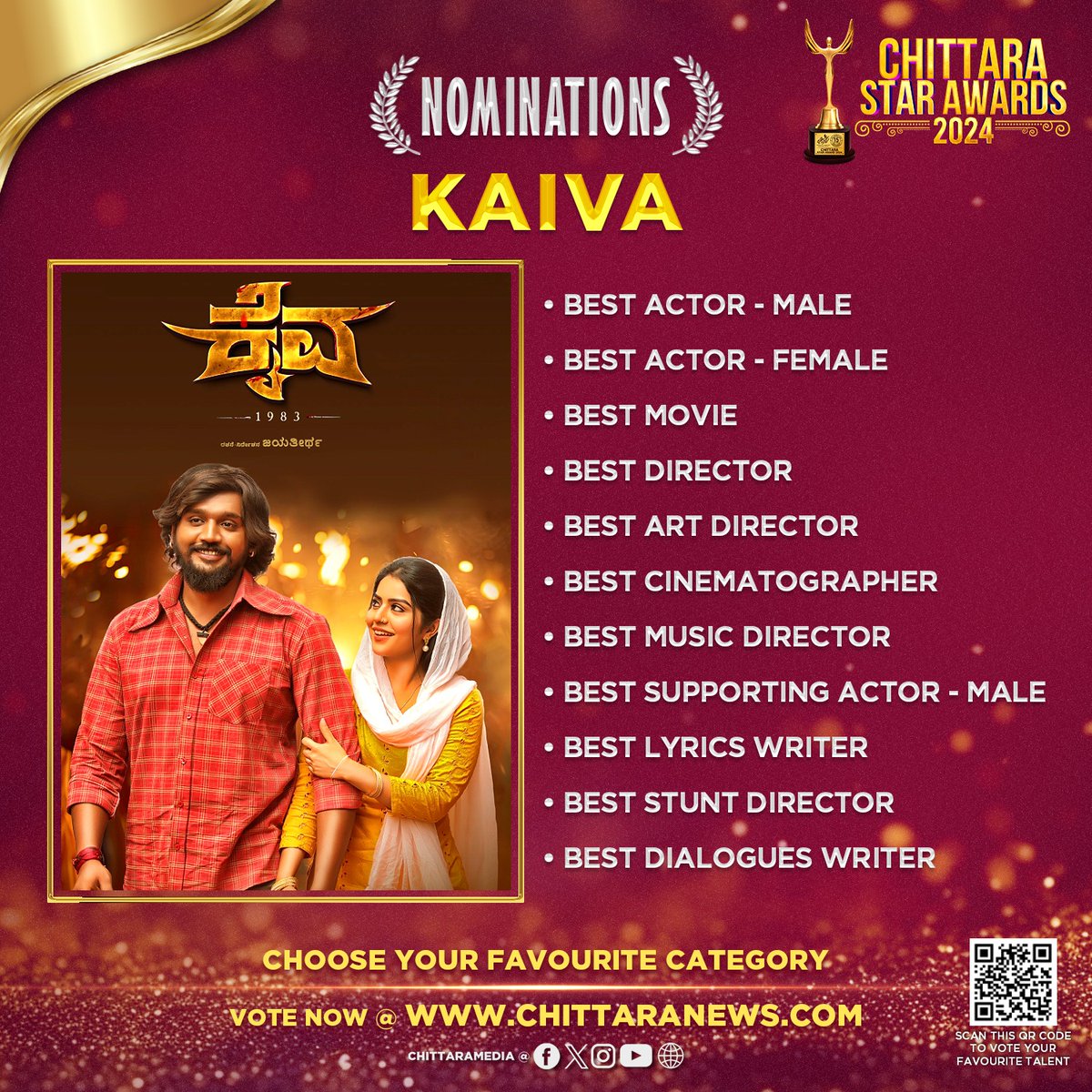 #Kaiva 11 Nominations at #ChittaraStarAwards2024 ! Global Voting is Now Live : awards.chittaranews.com/poll/780/ Vote now and show your love for Team #Kaiva #ChittaraStarAwards2024 #CSA2024 #ChittaraStarAwards