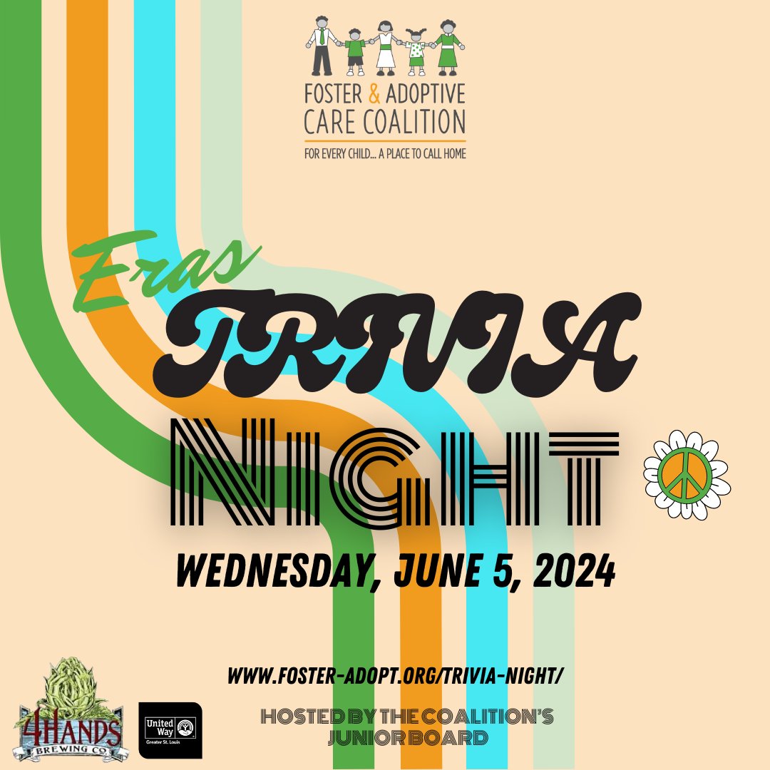 💡Join us Wednesday, June 5th, from 7-9:30 PM at 4 Hands Brewing Company for an epic night of trivia, where we’ll rock eras and support children impacted by foster care. ☮️Purchase tickets at the link: foster-adopt.org/trivia-night/! #trivianight #fundraiser #4hands #nonprofit