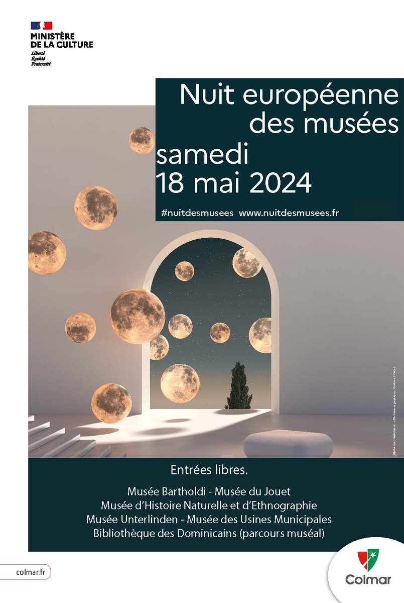 #Nuitdesmusees  💡
@NuitdesMusees : les musées de Colmar ouvriront gratuitement leurs portes le samedi 18 mai. 
🕵️ Visites libres, guidées et parcours thématiques, une soirée unique pour tous les goûts et tous les publics ! 
▶️ colmar.fr/actualites/nui…