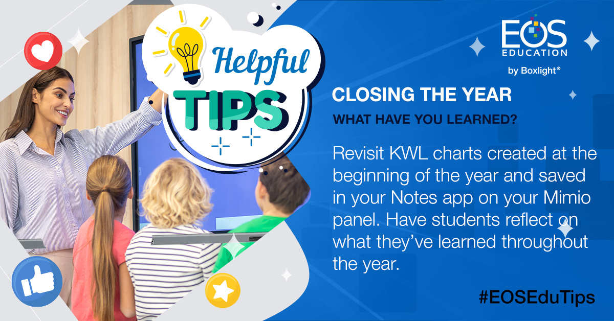 Reflect with your students! Compare their #KWL charts from the start of the year to see how much they've learned and grown.

#EOSEduTips #teachertips #StudentReflection #StudentGrowth #ReflectiveTeaching #GrowthMindset #edchat @boxlightinc