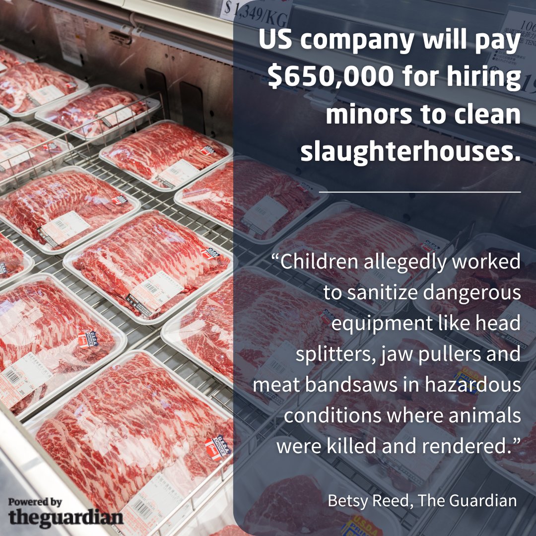 .@USDOL fines company $650,000 for hiring children to clean slaughterhouses: Fayette Janitorial Service will pay for illegally hiring at least two dozen children to clean dangerous slaughterhouses in Iowa & Virginia. One child seriously injured. @guardian