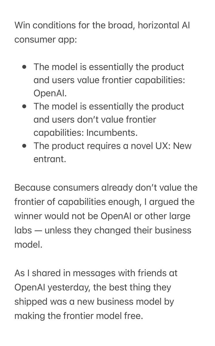 Last week @nabeel and I discussed how to think about the AI app for consumers (not a product for work, not an API). Link in thread. The best thing @OpenAI shipped yesterday was a new business model for the consumer app.