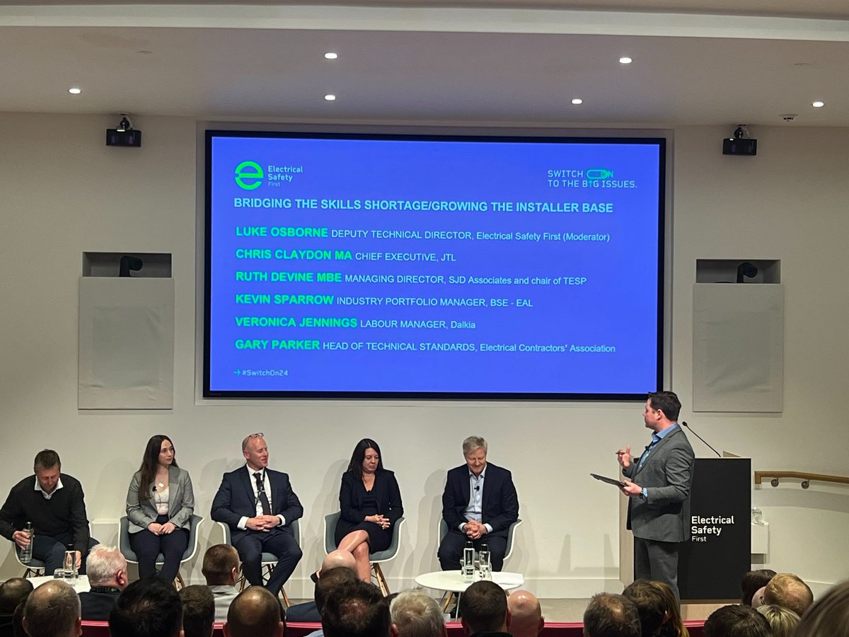 Last month, ECA Head of Technical Standards Gary Parker, and Senior Vice President Ruth Devine joined a panel as part of @elecsafetyfirst's Switch On To The Big Issues event. Read more: eca.co.uk/news/2024/may/… Image credit: Electrical Safety First #SwitchOn24