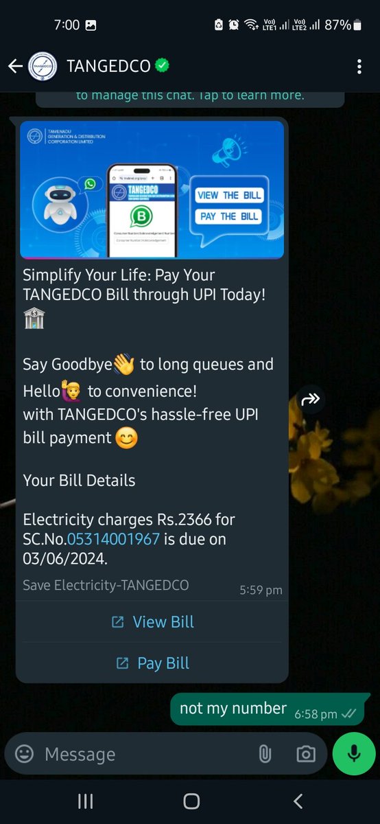 Hello 
@TANGEDCO_Offcl 
Someone might have mistakenly linked my mobile number in their electricity account 
And you're sending messages to me .
This bill is to Someone in Ramnad 
But I'm in vedharanyam .
Please do the needful ...
