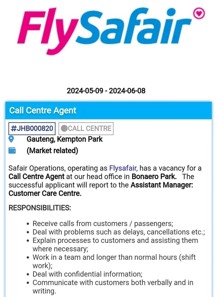 Flysafair

📌Call Centre Agent 

Location: Kempton Park, Gauteng 

Requirements 

• Grade 12;
• One (1) to four (4) years’ experience in a Call Centre Environment

Closing Date 2024-06-08

APPLY HERE 
webapp.placementpartner.com/wi/vacancy/?id…