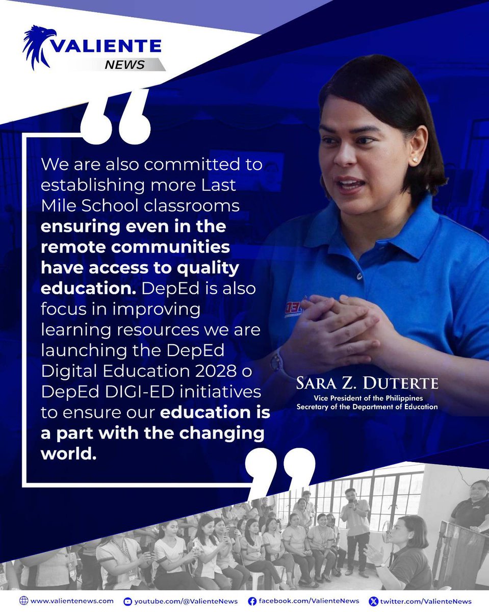 VP Sara, sinisiguro na mabibigyan ng dekalidad na edukasyon ang mga mag-aaral sa buong bansa lalo na ang pagtatayo pa ng ‘Last Mile School classrooms’.

#ParaSaDiyos #ParaSaBayan #ParaSaPamilyangPilipino #Agila #MahalinNatinAngPilipinas #MATATAG #MakaBansa #MakaBayan