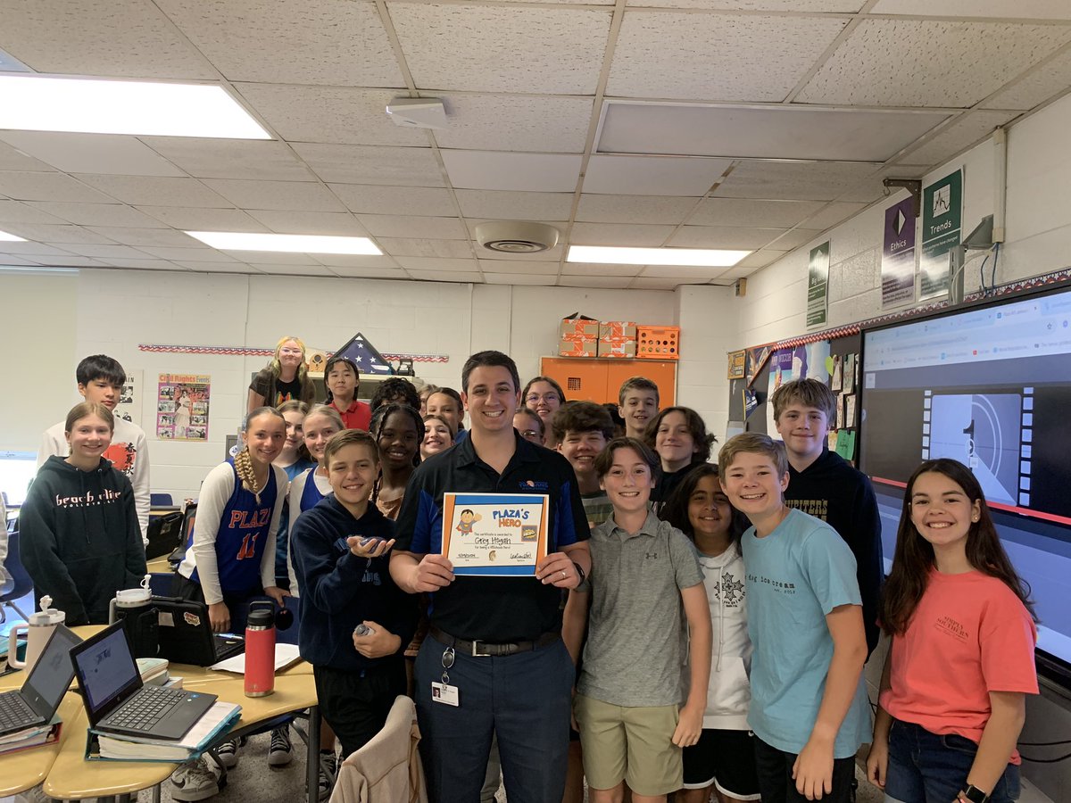 ⭐️We are pleased to recognize 🔵Mr. Hogan🟠 as a Plaza Hero!He was nominated by several students for making his classroom an engaging place for all!⭐️