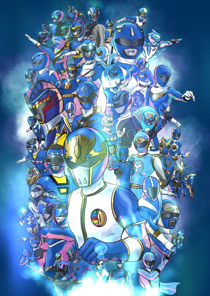 COMMISSION PROMO OPEN (starts at $15): BOMBASTIC BLUE My next piece for #ilovePowerRangers #SuperSentai and #PowerRangers Was going to wait for a another special day to release these but those are father out in the year. This has as many #BlueRangers as I can put ///#blueranger