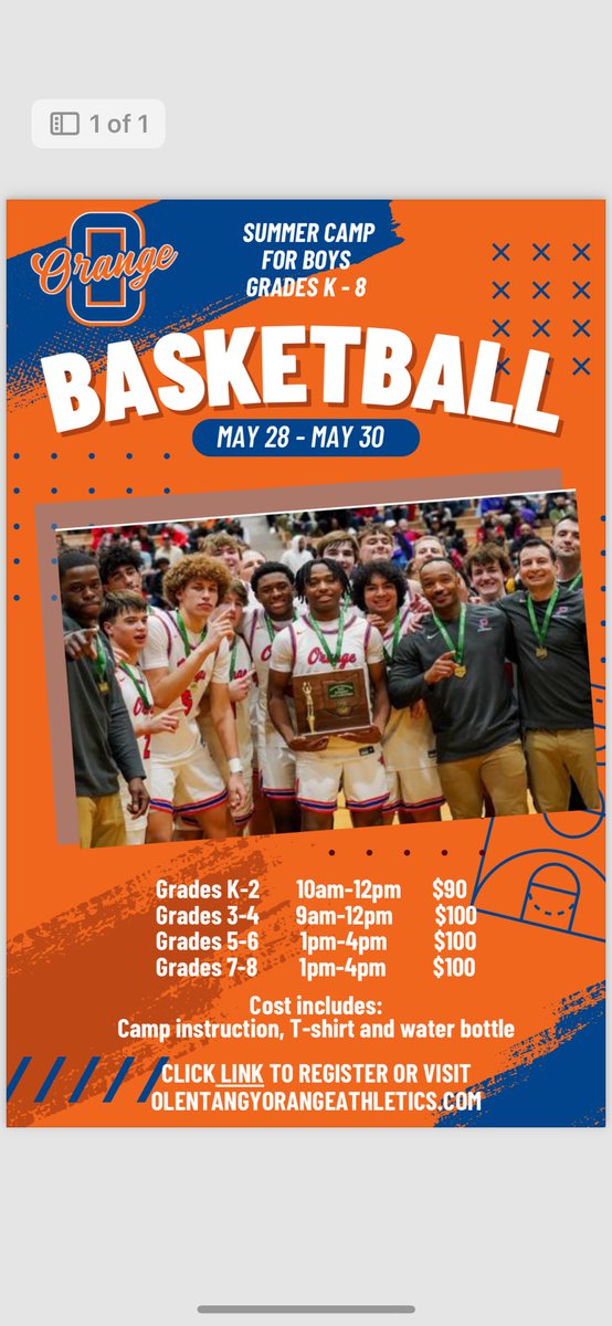 Orange Boys basketball youth-- sign up for our summer camp!!  Our current players LOVED attending camp when they were younger, and we want you to come enjoy 3 days of camp with our HS players and coaches!!  Link here: form.jotform.com/241053823321142