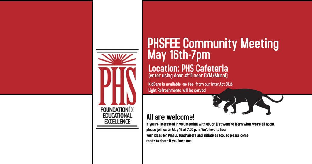 PHSFEE's Annual General Meeting: All are Welcome- THIS Thursday, May 16th at 7pm in the PHS Cafeteria.  (PHSFEE is the Palmyra High School FOUNDATION for Educational Excellence) #PalmyraProud of what PHSFEE has accomplished for our high school!