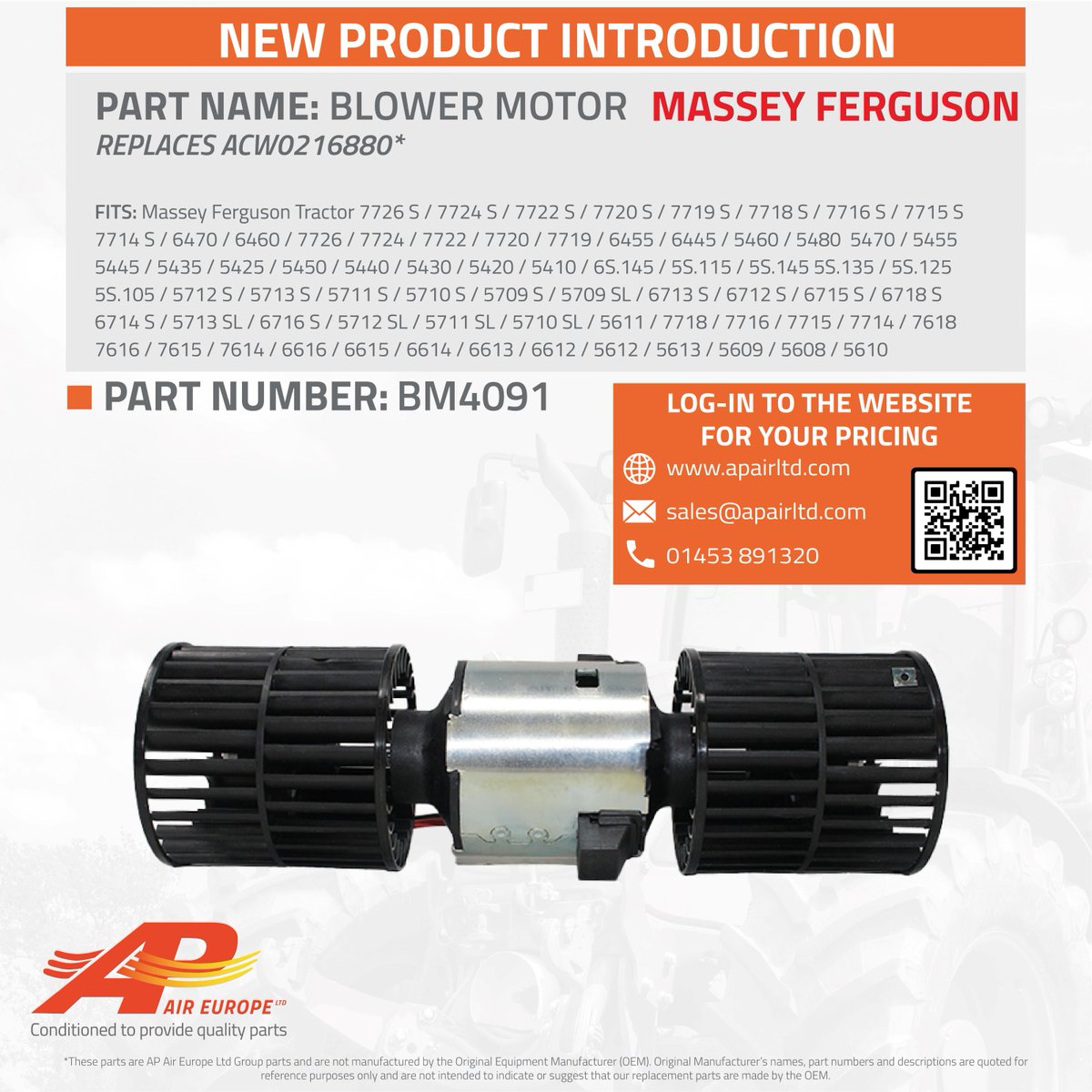 NEW #BlowerMotor for 🔴 Massey Ferguson 🔴
✅ Our part BM4091 is the latest #airconpart in our range for #AGCO #machinery
✅ 12V #OEM blower motor with wheels
✅ Fits 60+ #MasseyFerguson #tractors
🌐 Log-in online for P&A or ☎️ 01453 891320
apairltd.com/products/agric…
#agriculture