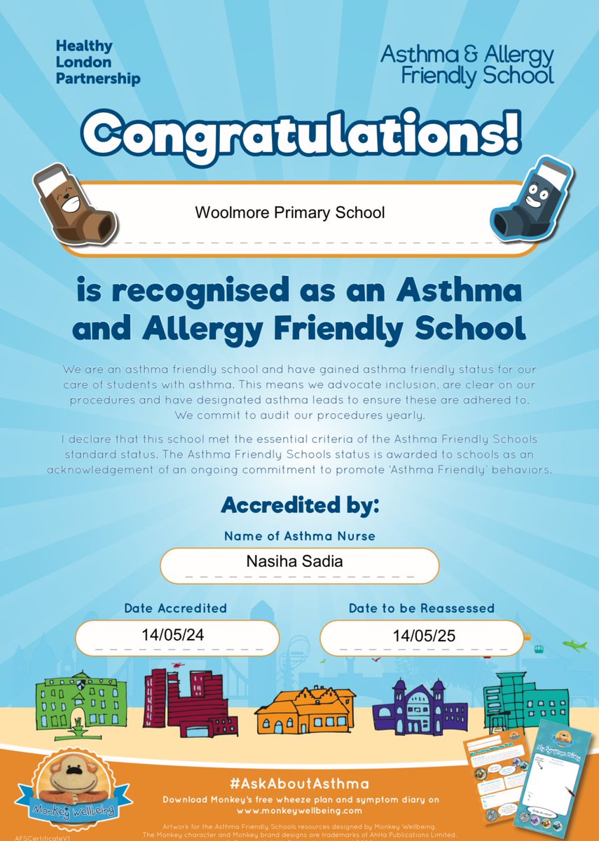 Community Children Specialist Asthma&Wheeze Nurses (@hadawaytori) on Twitter photo Congratulations Woolmore on becoming Asthma & Allergy Friendly School.
A big thank you to Hannah & Rohima in supporting the school. π
If your school is interested in this programme, please email th.paedasthmanurse@nhs.net Congratulations Woolmore on becoming Asthma & Allergy Friendly School.
A big thank you to Hannah & Rohima in supporting the school. π
If your school is interested in this programme, please email th.paedasthmanurse@nhs.net