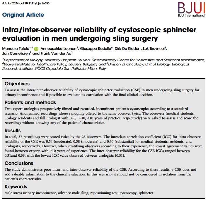 Online now: Intra/inter-observer reliability of cystoscopic sphincter evaluation in men undergoing sling surgery @ManuelaTutolo et al doi.org/10.1111/bju.16…