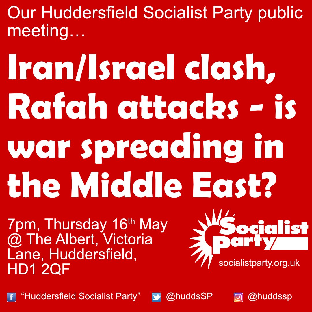Our meeting this Thursday, 7pm upstairs at the Albert, discussing the developments over the last few months in the Middle East For background reading, take a look at the editorial from this month's issue of Socialism Today - socialistparty.org.uk/articles/12391… #gaza #palestine #huddersfield