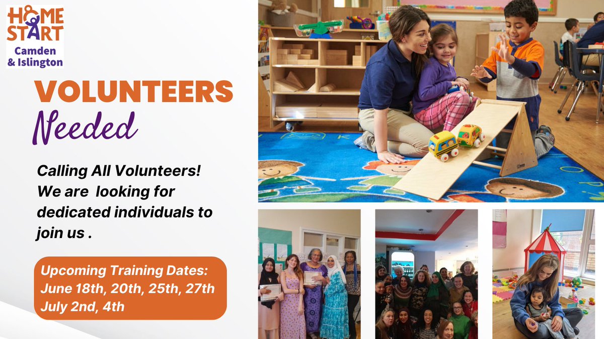 Join us in making a difference! Camden &amp; Islington rely on our amazing #volunteers to support local families.☺️
 
Join us for our #VolunteerTraining Course on June 18th, 20th, 25th, 27th and July 2nd &amp; 4th from 6-9 pm.
 
#HomeStart #volunteeringopportunities #londonvolunteering