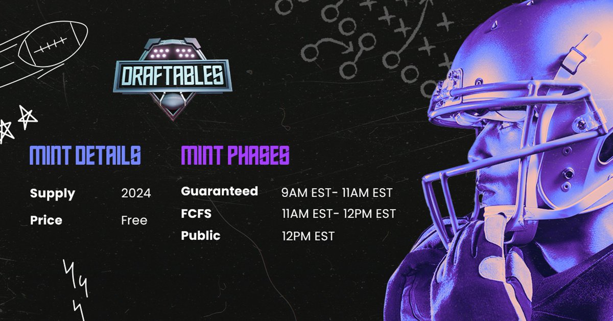Everything you need to know about the Draftables Free Mint 🏈 Mint Supply: 2024 Mint Date: 16th of May Mint Price: FREE Blockchain: @avax Wallet Checker is LIVE: avax.hyperspace.xyz/launchpad/draf…