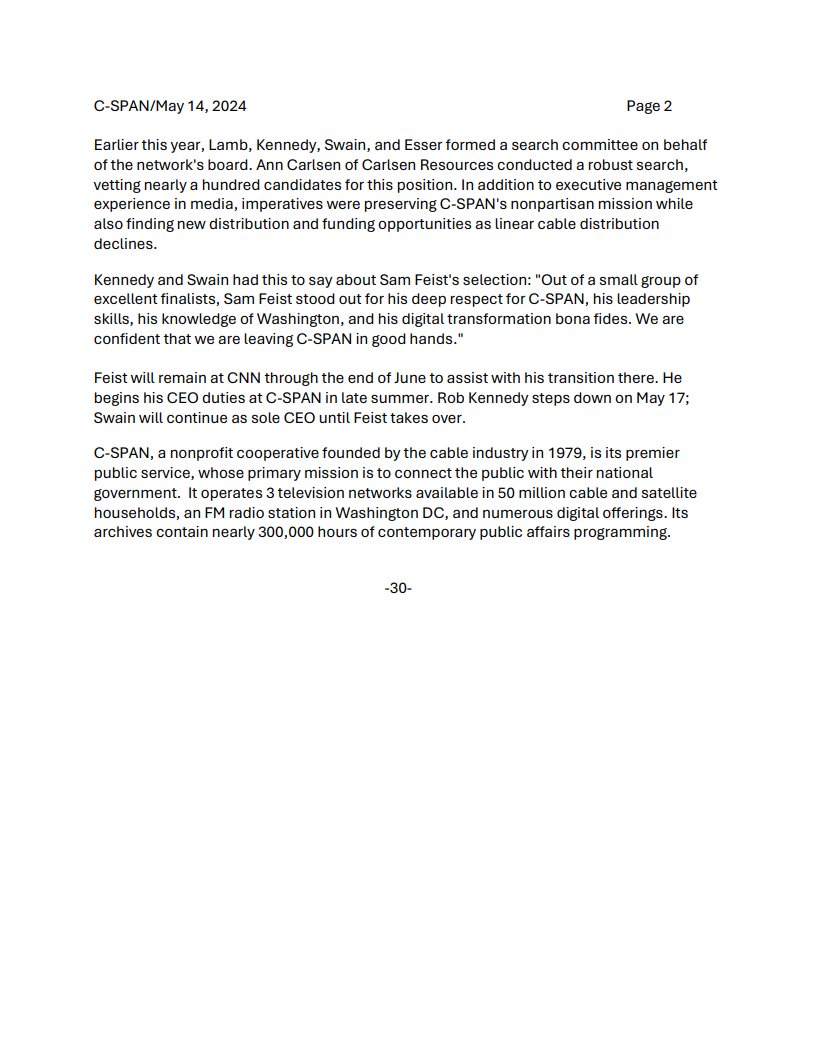 C-SPAN selects @CNN executive and veteran DC bureau chief Sam Feist as new CEO—third in network's 45 year history.  Feist will lead the nonprofit cable public affairs network through its continuing digital transformation, advance its nonpartisan mission to educate and inform