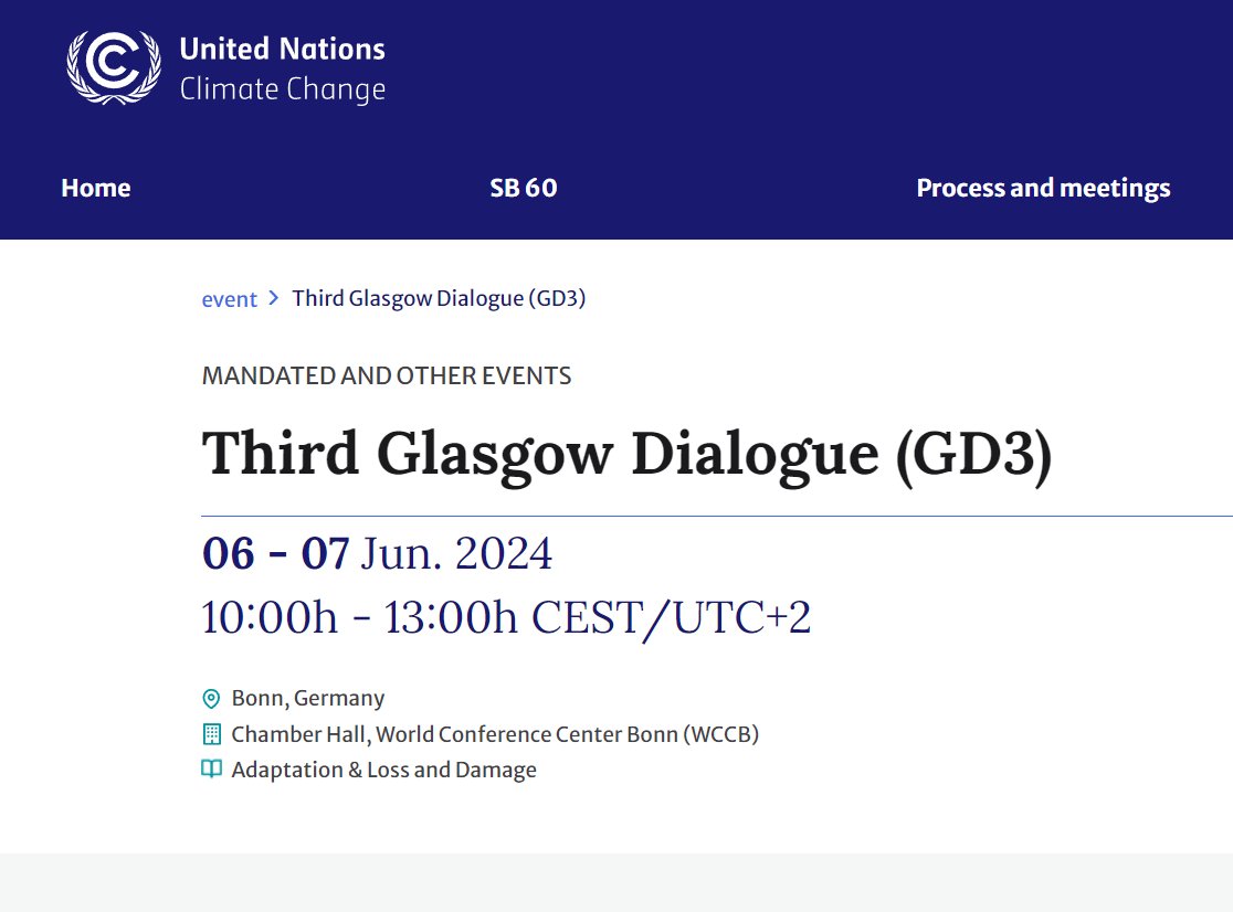 1/15. ⚠️USEFUL INFO: The Third and final #GlasgowDialogue on #LossAndDamage will be held during the 2024 #BonnClimateConference from the 6-7th of June and the agenda and guiding questions are now available!

🔗Find them here: unfccc.int/event/gd3