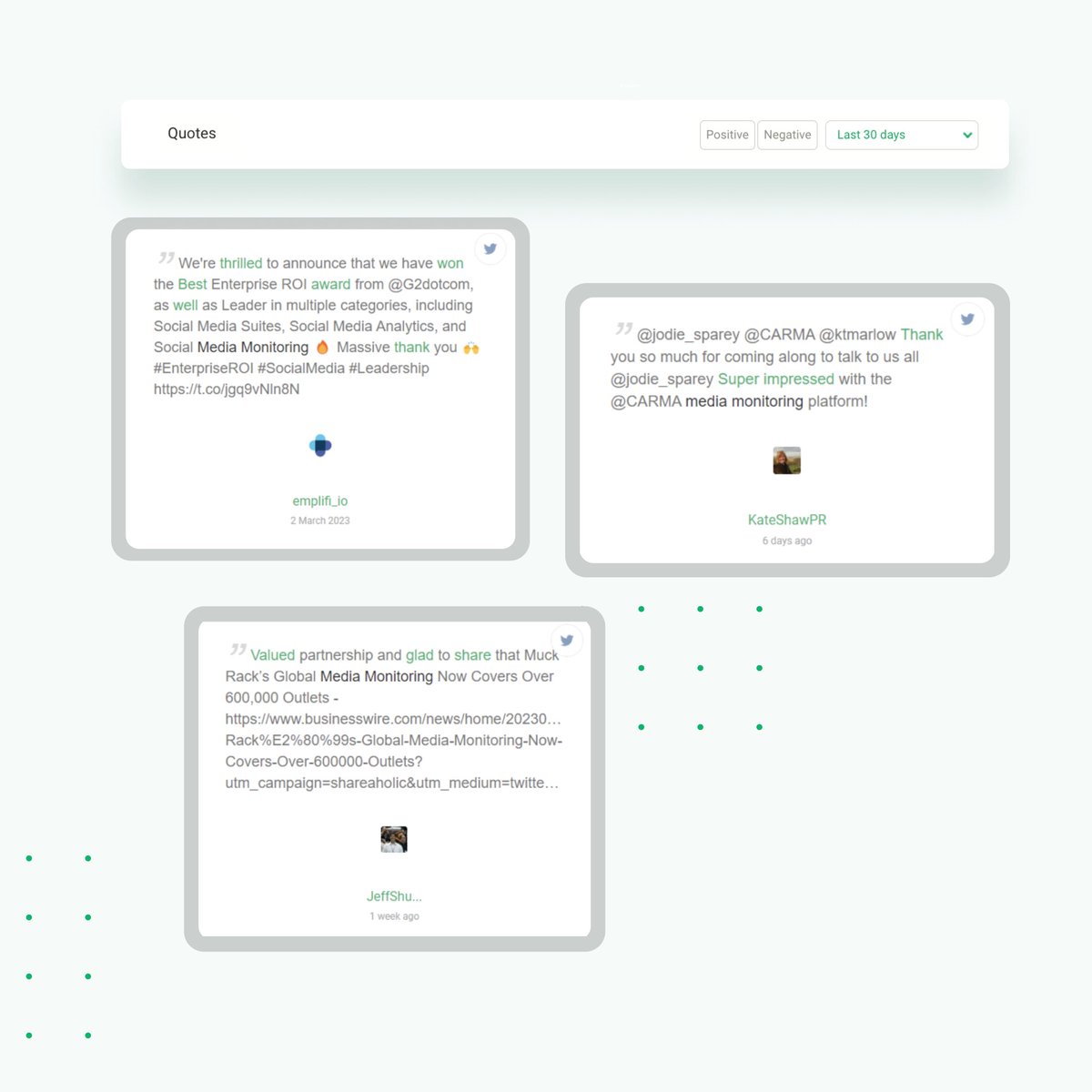 Looking for client testimonials but not sure how to gather them? Check out our Quotes Tab for a visual display of your mentions! 💬 These are designed for external use and can serve as reviews or testimonials. Plus, you can filter your quotes by date and sentiment 🌟