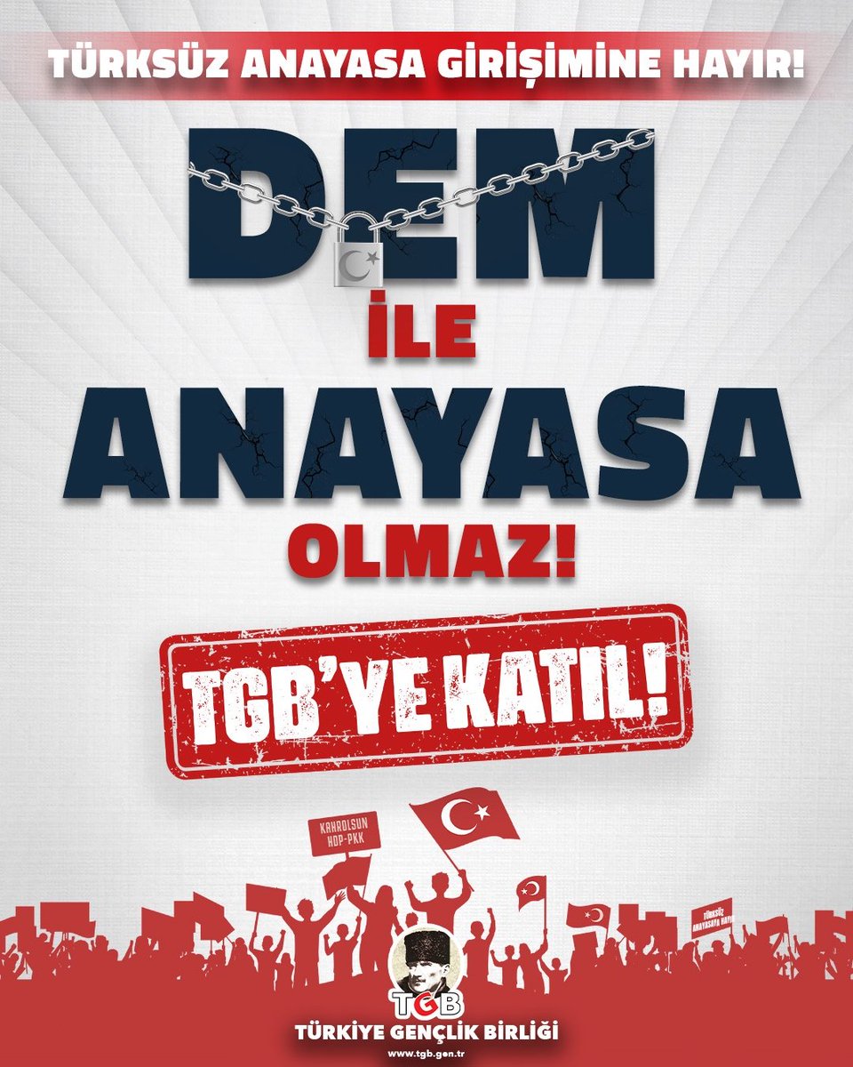 Tekrarlıyoruz: DEM'lenen anayasa olmaz! Türk'ü anayasadan çıkartmak isteyenlere karşı görev başındayız. Sen de TGB'ye katıl⤵️ tgb.gen.tr/uye-ol