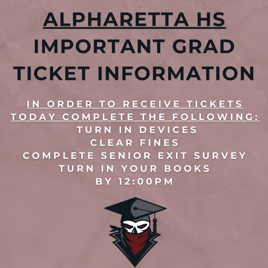 Urgent message for seniors! You have a responsibility today in order to receive your graduation tickets at practice. Ensure you are in good standing. @alpharettahs @ahsgradcoach @raidersport
