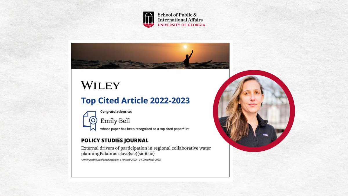 Congrats to Dr. Emily Bell on authoring a Wiley Top Cited Article! Her article, 'External drivers of participation in regional collaborative water planning,' discusses challenges in public service provision & how perceived risk & capacity to act can shape managerial behavior.