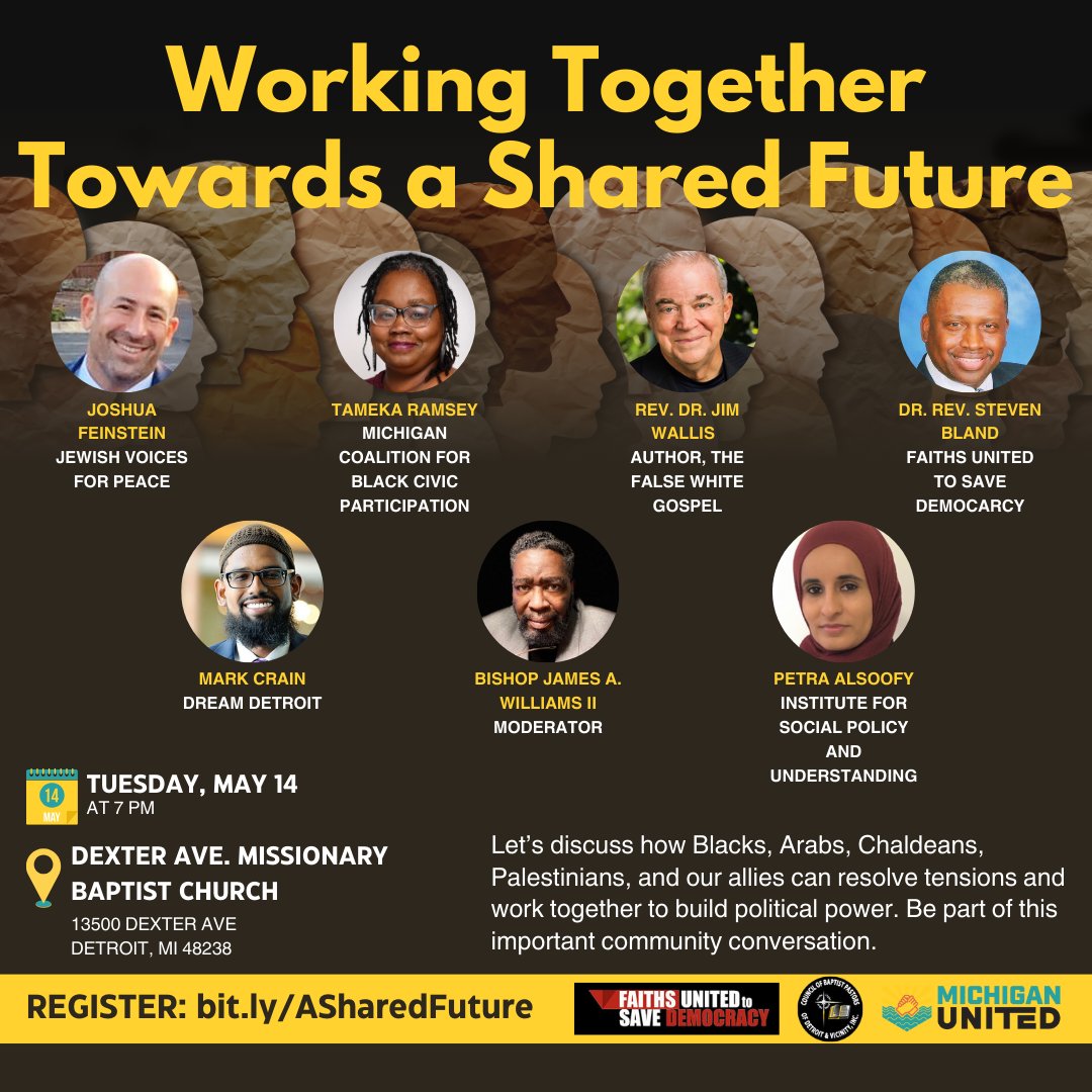 We're excited for you to join our esteemed panelists tonight at 7 p.m. for the 'Working Together Towards a Shared Future' event at Dexter Ave Missionary Baptist Church in Detroit. Let's unite, collaborate, & build political power. Register now at: bit.ly/ASharedFuture!