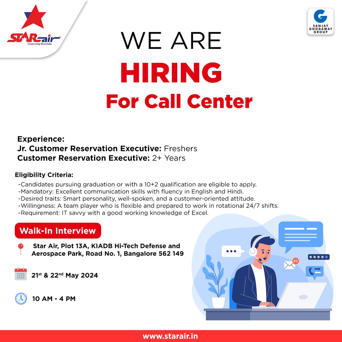 Attention all Here's your chance to kickstart your career in aviation with Star Air. Currently vacancies for Junior Reservation Executive and Customer Reservation Executive. Apply now!

#StarAir #AviationCareers #OpportunitiesAwait #Professional #CareerGoals  #sanjayghodawatgroup