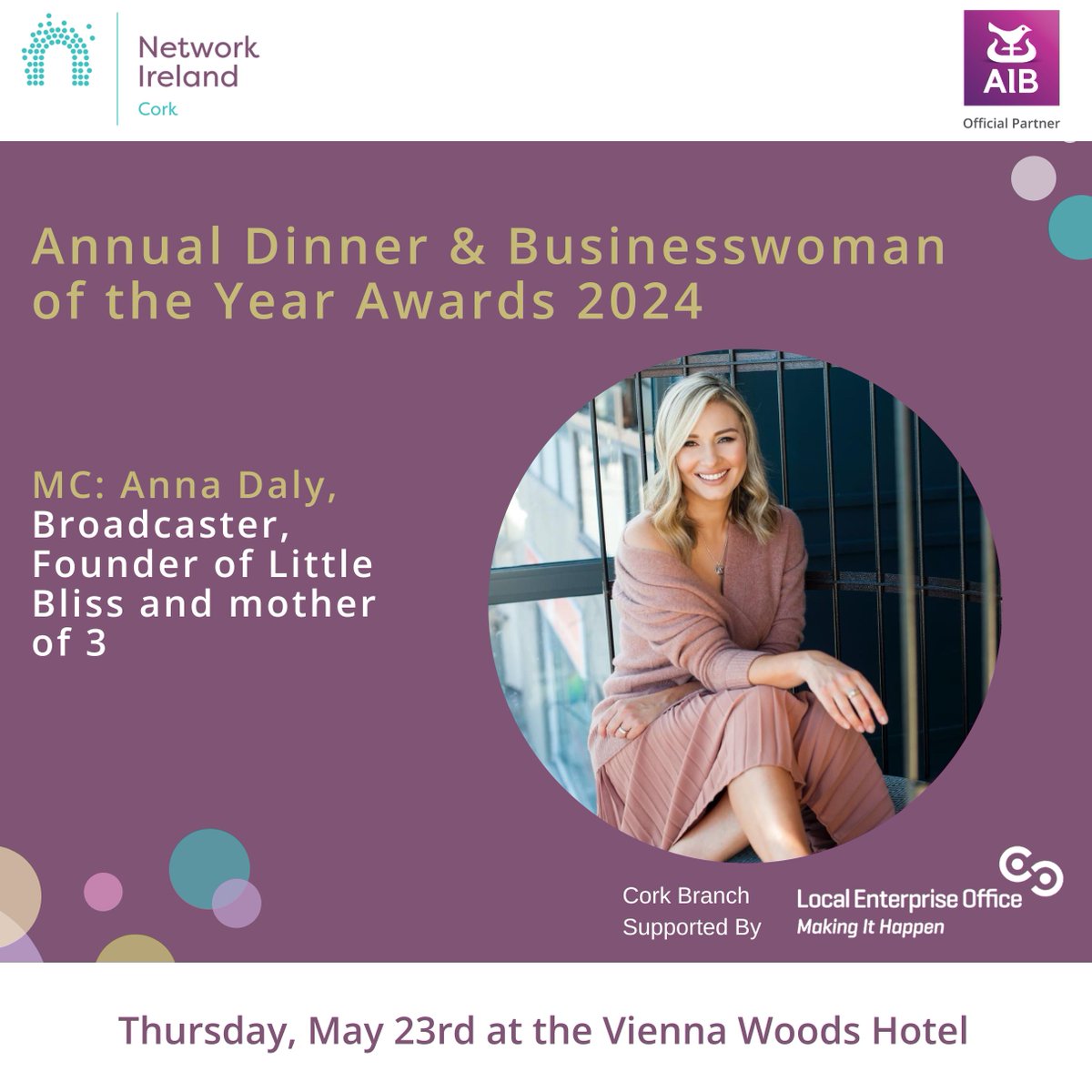 🌟Anna Daly will host the 2024 Businesswoman of the Year Awards! 🏆 🎟️ Secure your tickets for an inspiring evening! Event details and tickets here: bit.ly/44hfBkv #NetworkIreland #NetworkCork #SupportedByAIB #AStepAhead #AnnaDaly