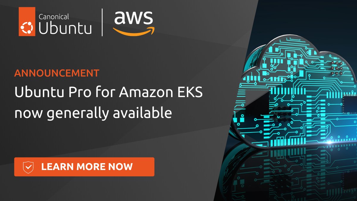 Canonical is excited to announce the general availability of Ubuntu Pro for Amazon EKS. Empower your @AWS-managed Kubernetes service with the enhanced #security and performance features of Ubuntu Pro. 🔗 ubuntu.com/blog/ubuntu-pr… #AmazonEKS #Kubernetes #containers #UbuntuPro