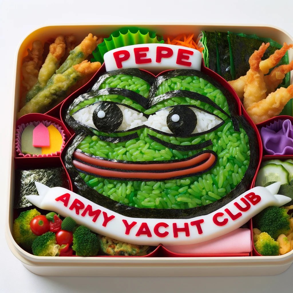 Good evening everyone♪ We have made a PEPE ARMY YACHT CLUB bento🍱 What did you eat? #PepeArmyYC 【mint site 0.025ETH】 mint.fun/ethereum/0xaA8…