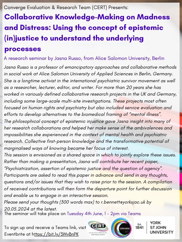 We are excited to announce the next research seminar by Jasna Russo, from Alice Salomon University, Berlin.

The seminar will take place on Tuesday 4th June, 1-2pm to sign up and receive the Teams link visit Eventbrite at bit.ly/3WvBnPK