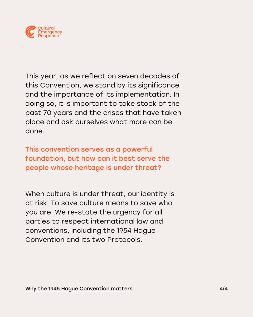 The #1954HagueConvention marks a crucial milestone in international efforts to protect cultural heritage. Protecting cultural property involves preserving the collective memory of people and communities, and ensuring it endures for future generations to come. #CER