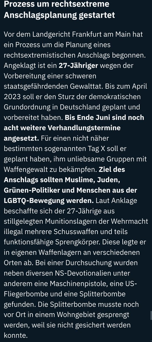 Vor dem Landgericht #Frankfurt am Main hat ein Prozess um die Planung eines #rechtsextremistischen Anschlags begonnen.
Quelle NTV