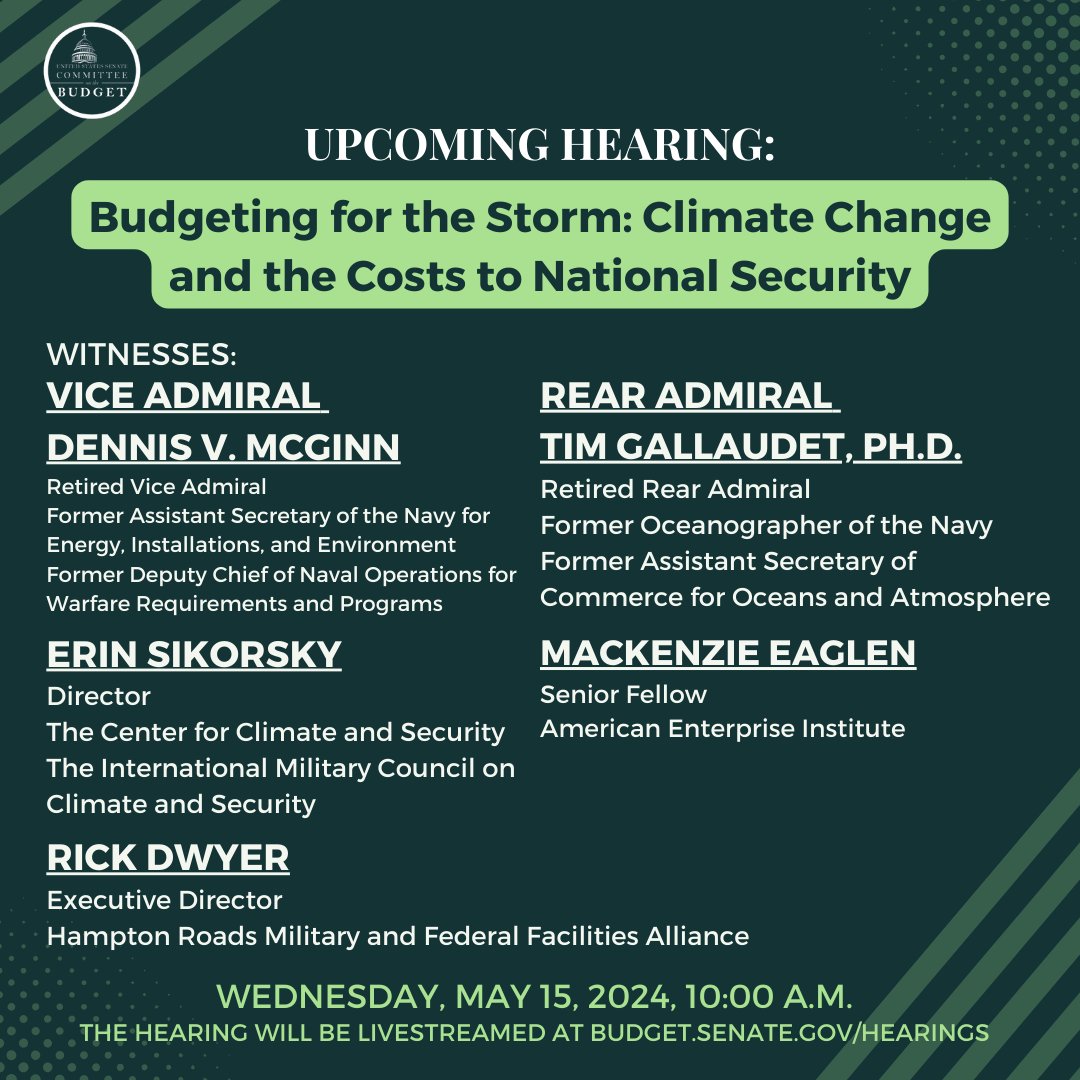 Climate change imposes billions in direct and indirect costs to the national security budget each year. @SenWhitehouse holds a hearing to examine how climate change is straining our defense readiness, damaging military infrastructure, and threatening our national security.