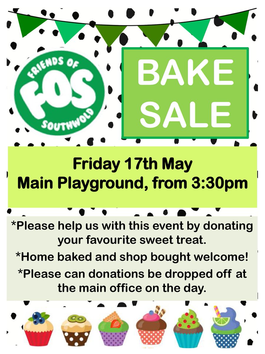 📅🍰 SAVE THE DATE 🍰📅 Southwold are hosting a BAKE SALE this Friday, 17th May at 3:30pm. We are welcoming #donations of home-baked goods or shop bought treats. Please can this be dropped off to the office no later than 2:00pm on Friday. Further details down below. 🍫🧁
