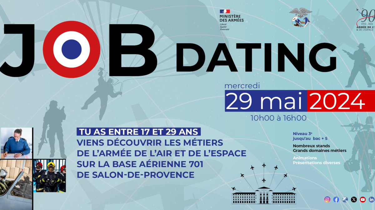 #JobDating Rendez-vous le 29 mai de 10h00 à 16h00 au coeur de la BA 701 de Salon-de-Provence pour découvrir les postes à pourvoir au sein de l’armée de l’Air et de l’Espace. Inscription obligatoire : bit.ly/3vIDx3z