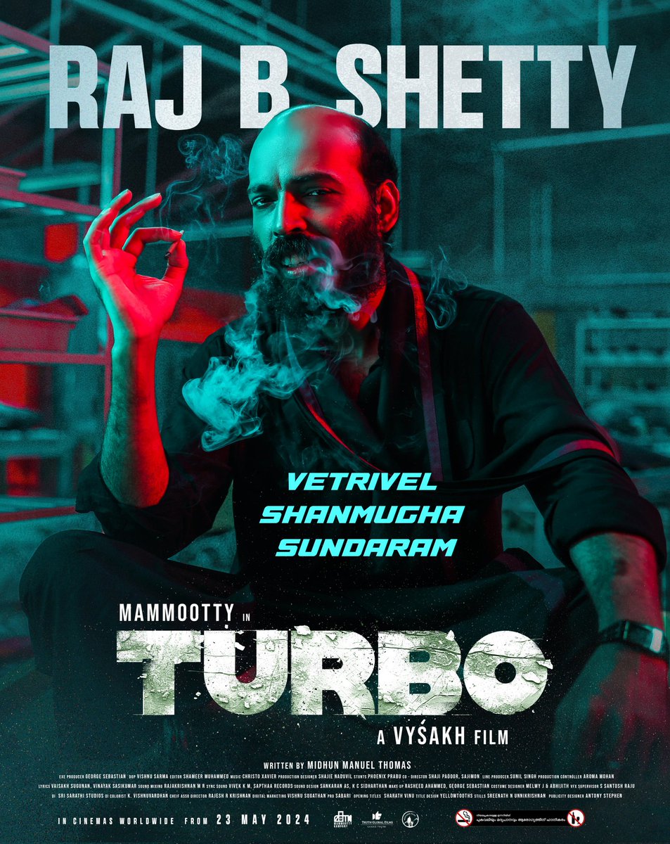 Raj B Shetty as Vetrivel Shanmugha Sundaram #Turbo In Cinemas Worldwide On May 23 , 2024 @RajbShettyOMK